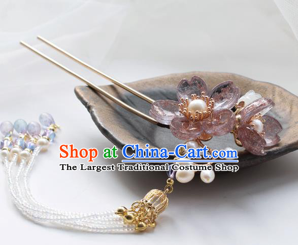 Chinese Classical Lilac Sakura Hair Stick Handmade Hanfu Hair Accessories Ancient Ming Dynasty Princess Beads Tassel Hairpins