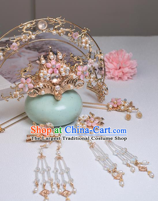 Chinese Classical Court Golden Dragon Hair Crown Handmade Hanfu Hair Accessories Ancient Song Dynasty Princess Pearls Hairpins