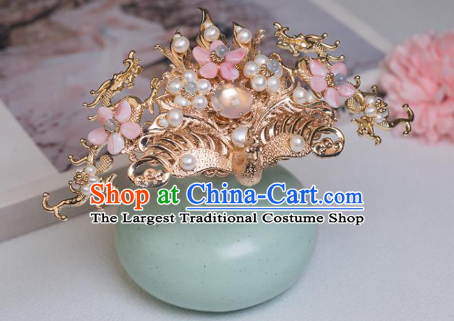Chinese Classical Court Pearls Hair Crown Handmade Hanfu Hair Accessories Ancient Song Dynasty Princess Pearls Golden Phoenix Hairpins
