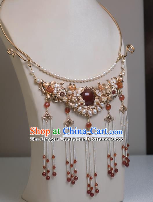 Chinese Handmade Agate Necklet Classical Jewelry Accessories Ancient Ming Dynasty Princess Hanfu Pearls Tassel Necklace for Women