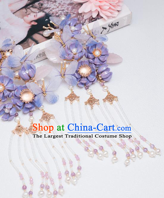 Chinese Classical Court Purple Butterfly Hair Stick Handmade Hanfu Hair Accessories Ancient Ming Dynasty Princess Flowers Tassel Hairpins
