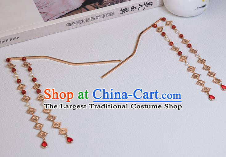 Chinese Classical Court Agate Beads Tassel Hair Stick Handmade Hanfu Hair Accessories Ancient Ming Dynasty Empress Golden Hairpins