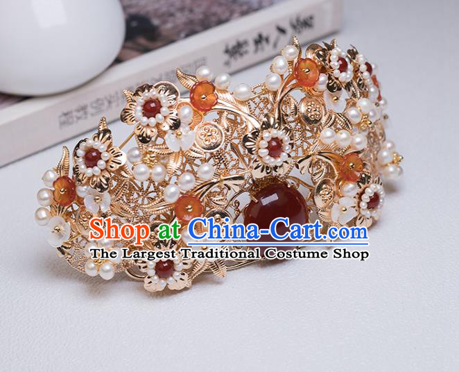Chinese Classical Court Agate Pearls Hair Crown Handmade Hanfu Hair Accessories Ancient Ming Dynasty Empress Golden Hairpins