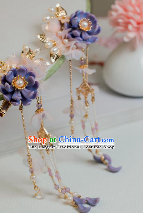 Chinese Classical Court Pink Silk Flower Hair Stick Handmade Hanfu Hair Accessories Ancient Ming Dynasty Princess Purple Lotus Hairpins