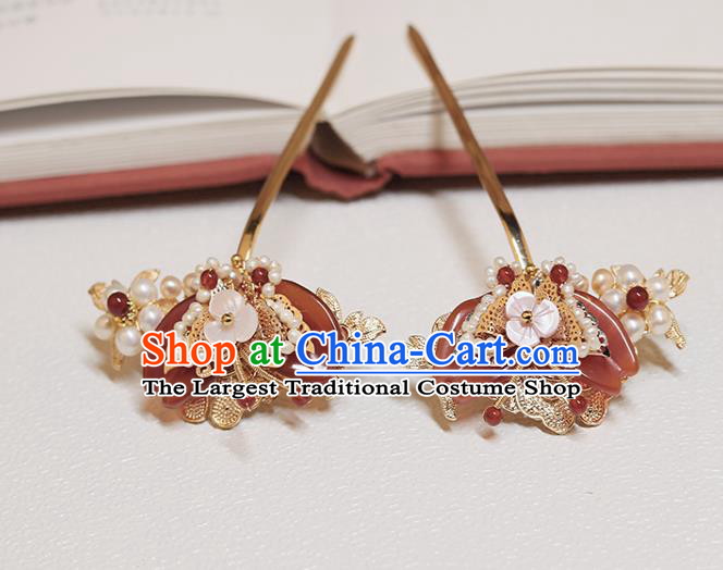 Chinese Classical Court Agate Butterfly Hair Stick Handmade Hanfu Hair Accessories Ancient Ming Dynasty Princess Pearls Hairpins
