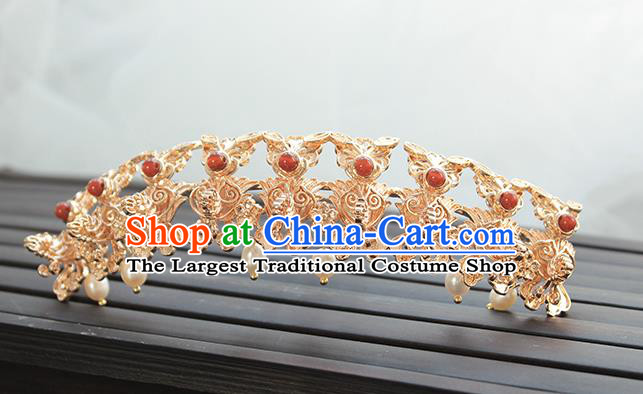 Chinese Classical Pearls Tassel Hair Crown Handmade Hanfu Hair Accessories Ancient Ming Dynasty Empress Golden Dragons Hairpins