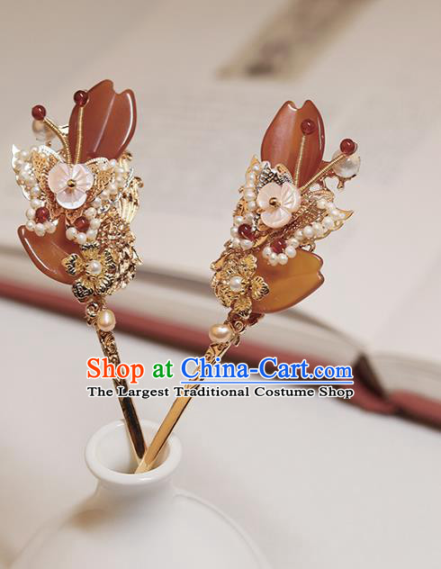 Chinese Classical Court Pearls Butterfly Hair Stick Handmade Hanfu Hair Accessories Ancient Ming Dynasty Princess Agate Hairpins