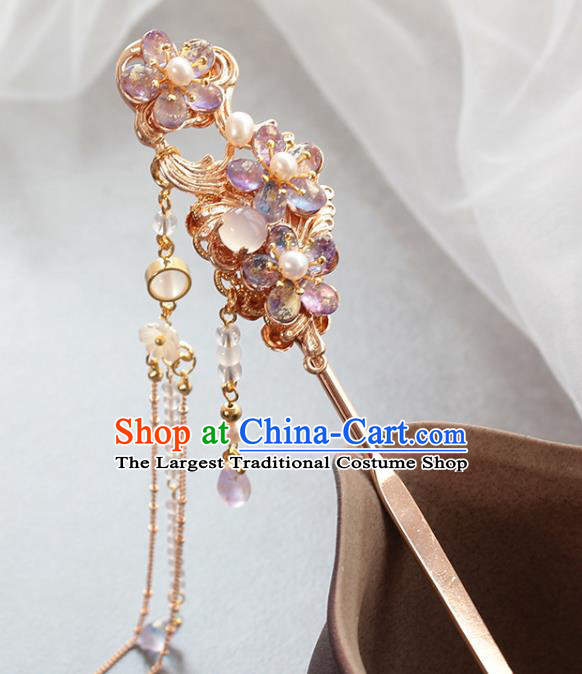 Chinese Classical Purple Plum Golden Hair Stick Handmade Hanfu Hair Accessories Ancient Ming Dynasty Empress Pearls Tassel Hairpins