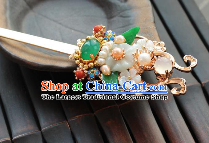 Chinese Classical Jade Plum Hair Stick Handmade Hanfu Hair Accessories Ancient Ming Dynasty Empress Pearls Golden Hairpins