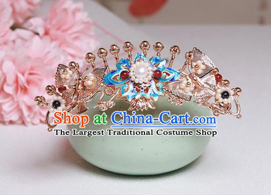 Chinese Classical Court Blueing Lotus Hair Crown Handmade Hanfu Hair Accessories Ancient Ming Dynasty Empress Golden Butterfly Hairpins