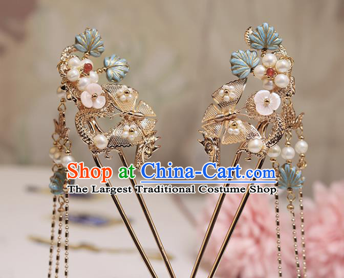 Chinese Classical Court Golden Lotus Hair Stick Handmade Hanfu Hair Accessories Ancient Ming Dynasty Princess Blue Leaf Pearls Hairpins