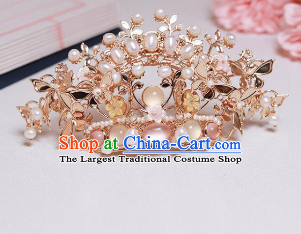 Chinese Classical Court Golden Butterfly Hair Crown Handmade Hanfu Hair Accessories Ancient Ming Dynasty Empress Pearls Chalcedony Hairpins
