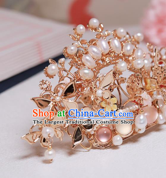 Chinese Classical Court Golden Butterfly Hair Crown Handmade Hanfu Hair Accessories Ancient Ming Dynasty Empress Pearls Chalcedony Hairpins
