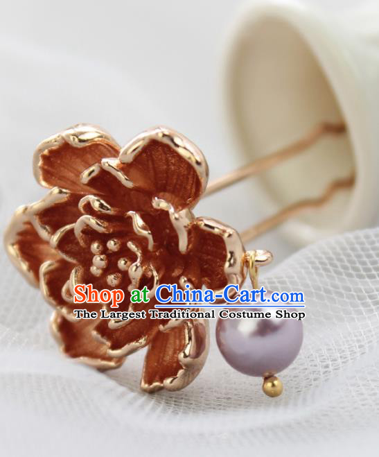 Chinese Classical Golden Peony Hair Stick Handmade Hanfu Hair Accessories Ancient Ming Dynasty Young Lady Hairpins
