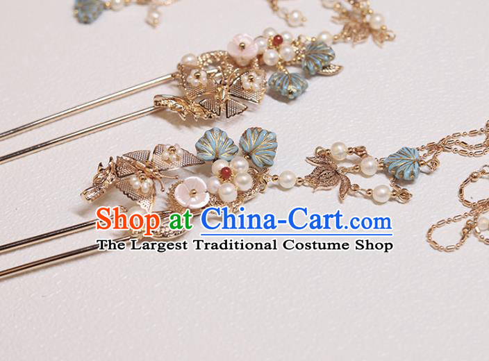 Chinese Classical Court Golden Lotus Hair Stick Handmade Hanfu Hair Accessories Ancient Ming Dynasty Princess Blue Leaf Pearls Hairpins