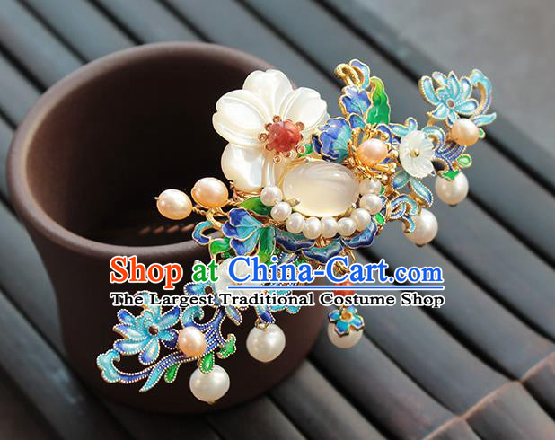 Chinese Classical Blueing Flowers Hair Crown Handmade Hanfu Hair Accessories Ancient Ming Dynasty Empress Pearls Hairpins