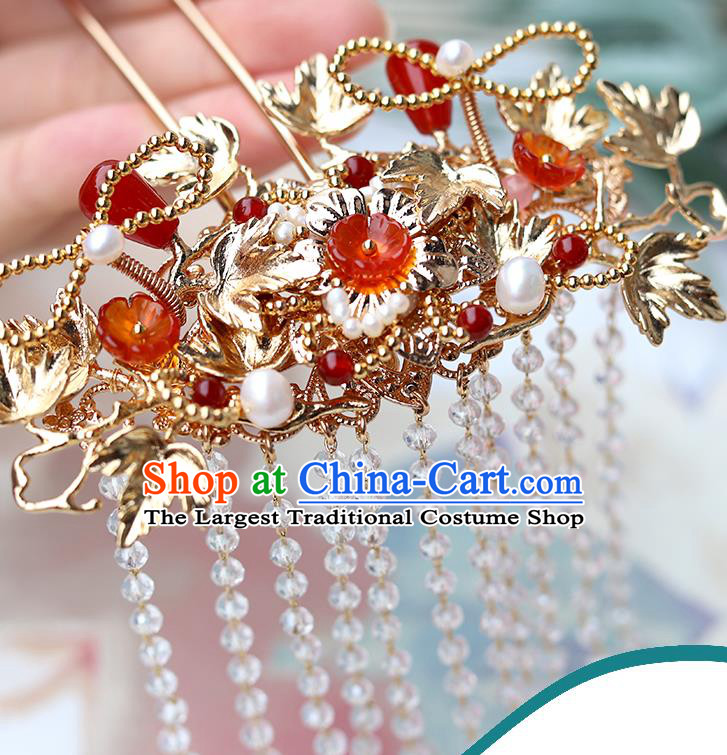 Chinese Classical Palace Beads Tassel Hair Stick Handmade Hanfu Hair Accessories Ancient Ming Dynasty Princess Golden Lotus Hairpins