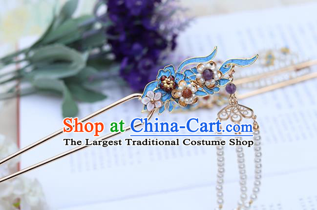 Chinese Classical Palace Blueing Agate Hair Stick Handmade Hanfu Hair Accessories Ancient Ming Dynasty Princess Pearls Tassel Hairpins