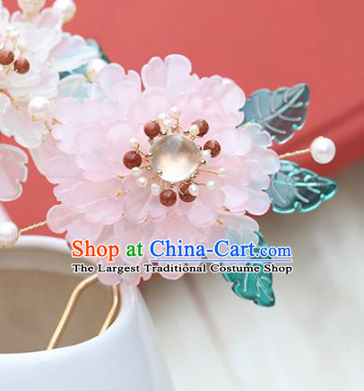 Chinese Classical Palace Pink Peony Hair Stick Handmade Hanfu Hair Accessories Ancient Ming Dynasty Princess Chalcedony Hairpins