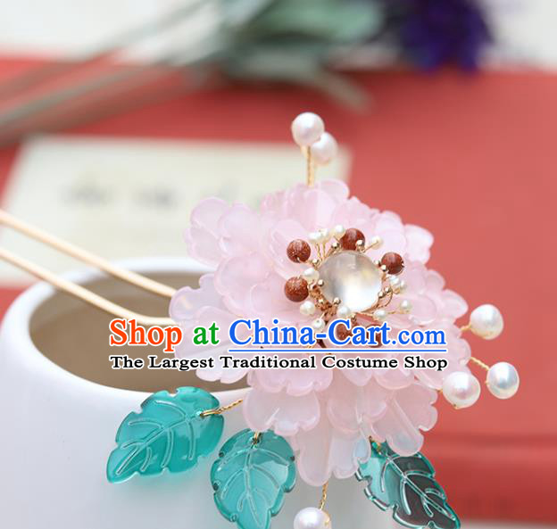 Chinese Classical Palace Pink Peony Hair Stick Handmade Hanfu Hair Accessories Ancient Ming Dynasty Princess Chalcedony Hairpins