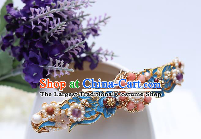 Chinese Classical Palace Agate Hair Stick Handmade Hanfu Hair Accessories Ancient Ming Dynasty Princess Blueing Pearls Hairpins