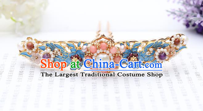 Chinese Classical Palace Agate Hair Stick Handmade Hanfu Hair Accessories Ancient Ming Dynasty Princess Blueing Pearls Hairpins