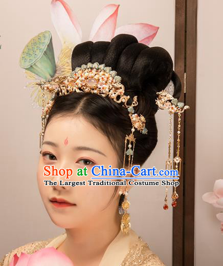 Chinese Classical Court Blue Leaf Hair Crown Handmade Hanfu Hair Accessories Ancient Ming Dynasty Princess Golden Dragon Pearls Hairpins