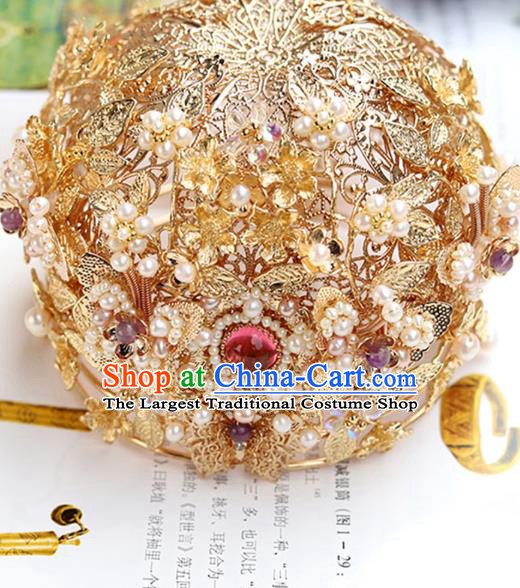 Chinese Classical Palace Golden Pearls Hair Crown Handmade Hanfu Hair Accessories Ancient Song Dynasty Empress Hairpins