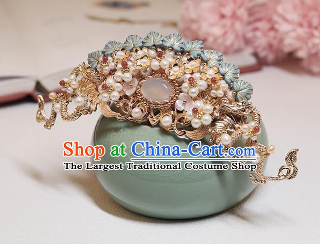 Chinese Classical Court Blue Leaf Hair Crown Handmade Hanfu Hair Accessories Ancient Ming Dynasty Princess Golden Dragon Pearls Hairpins