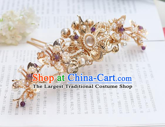 Chinese Classical Palace Pearls Butterfly Hair Crown Handmade Hanfu Hair Accessories Ancient Ming Dynasty Empress Golden Phoenix Hairpins