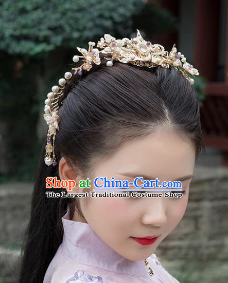 Chinese Classical Palace Pearls Butterfly Hair Crown Handmade Hanfu Hair Accessories Ancient Ming Dynasty Empress Golden Phoenix Hairpins