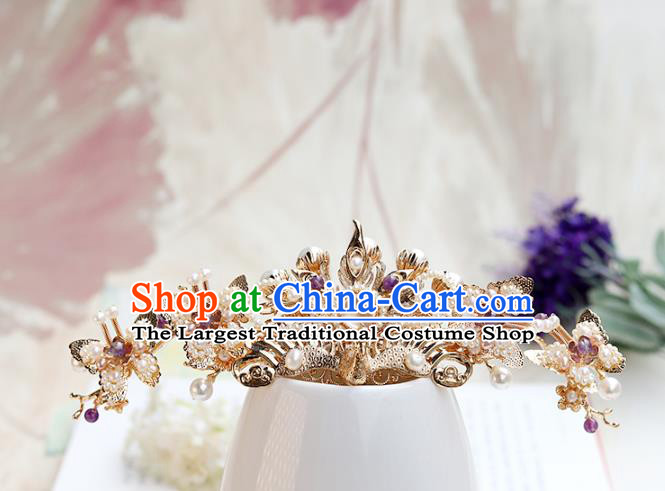 Chinese Classical Palace Pearls Butterfly Hair Crown Handmade Hanfu Hair Accessories Ancient Ming Dynasty Empress Golden Phoenix Hairpins