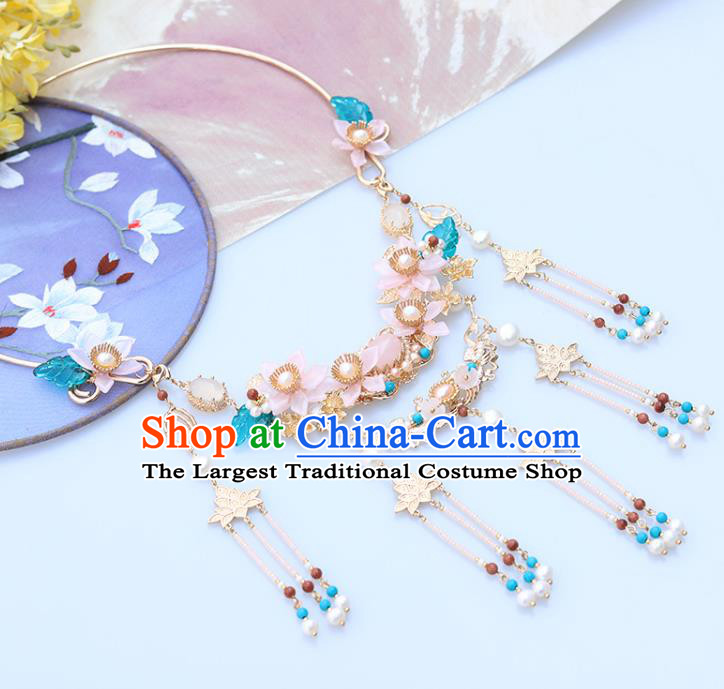Chinese Handmade Golden Lotus Tassel Necklet Classical Jewelry Accessories Ancient Ming Dynasty Princess Hanfu Pink Flowers Necklace for Women