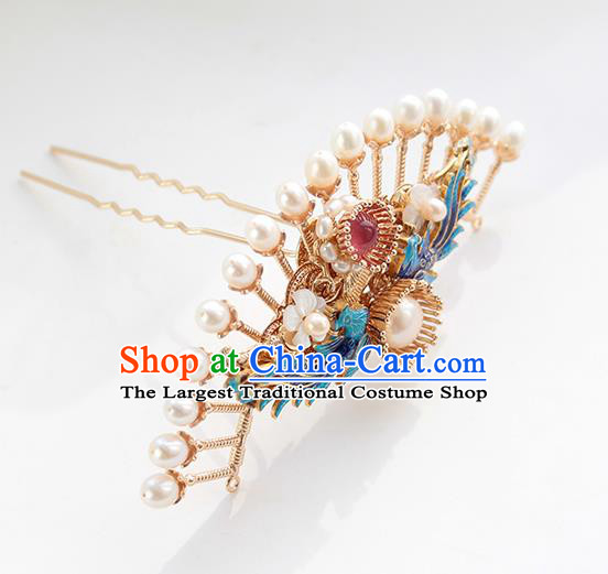 Chinese Classical Blueing Phoenix Hair Crown Handmade Hanfu Hair Accessories Ancient Ming Dynasty Empress Pearls Golden Hairpins