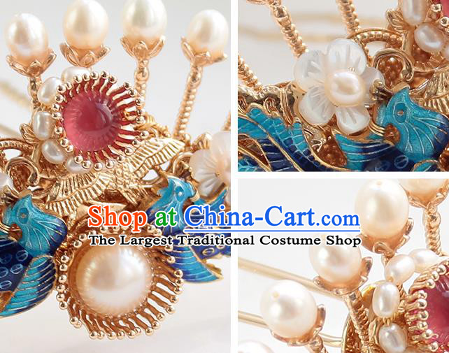 Chinese Classical Blueing Phoenix Hair Crown Handmade Hanfu Hair Accessories Ancient Ming Dynasty Empress Pearls Golden Hairpins