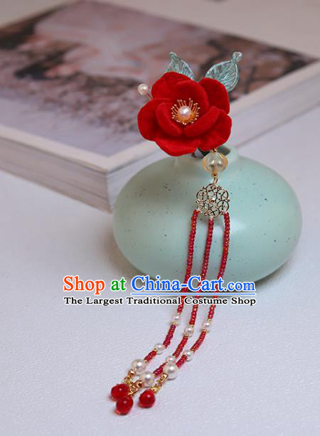 Chinese Classical Court Camellia Hair Stick Handmade Hanfu Hair Accessories Ancient Ming Dynasty Princess Red Beads Tassel Hairpins