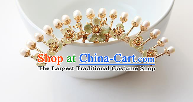 Chinese Classical Green Plum Hair Crown Handmade Hanfu Hair Accessories Ancient Ming Dynasty Empress Pearls Golden Hairpins