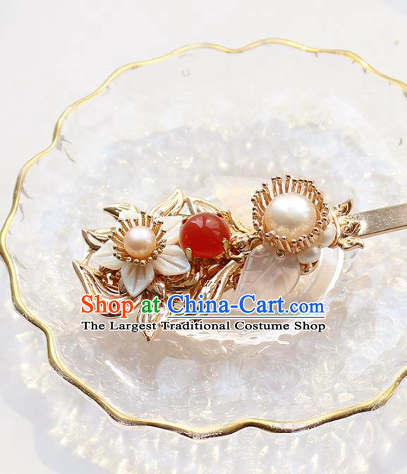 Chinese Classical Agate Golden Hair Stick Handmade Hanfu Hair Accessories Ancient Ming Dynasty Empress Shell Pearl Hairpins
