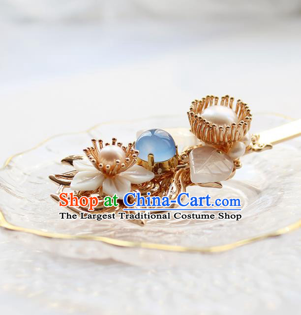 Chinese Classical Blue Chalcedony Hair Stick Handmade Hanfu Hair Accessories Ancient Ming Dynasty Empress Pearls Golden Hairpins
