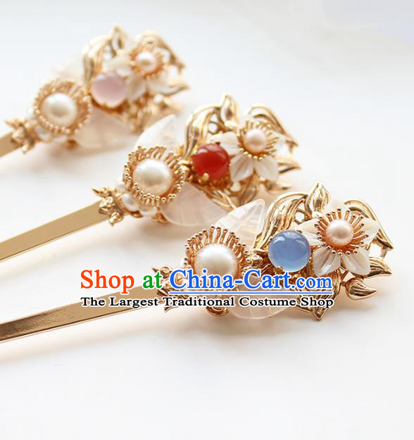 Chinese Classical Blue Chalcedony Hair Stick Handmade Hanfu Hair Accessories Ancient Ming Dynasty Empress Pearls Golden Hairpins