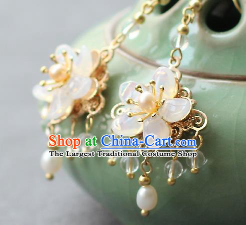 Chinese Handmade Opal Plum Earrings Classical Jewelry Accessories Hanfu Ming Dynasty Princess Tassel Eardrop