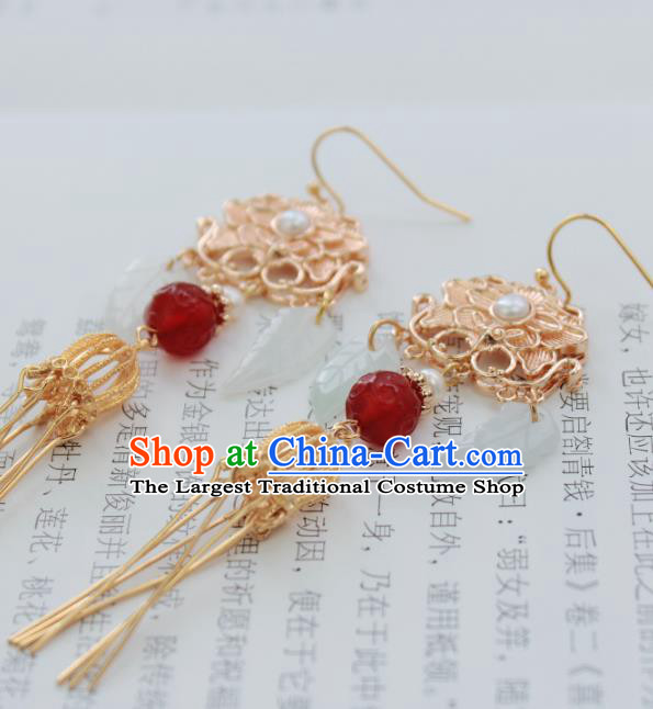 Chinese Handmade Golden Tassel Earrings Classical Jewelry Accessories Hanfu Ming Dynasty Agate Eardrop