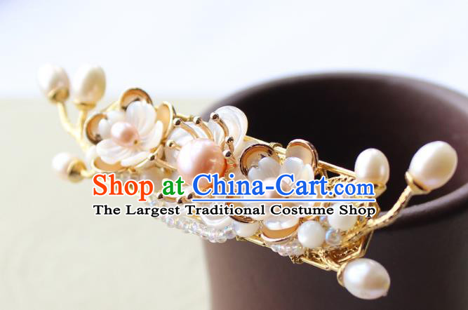 Chinese Classical Golden Hair Stick Handmade Hanfu Hair Accessories Ancient Ming Dynasty Pearls Shell Flowers Hairpins