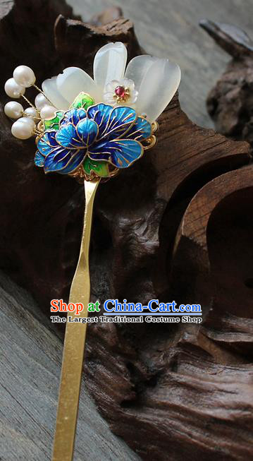 Chinese Classical Blueing Peony Hair Stick Handmade Hanfu Hair Accessories Ancient Ming Dynasty Jade Hairpins