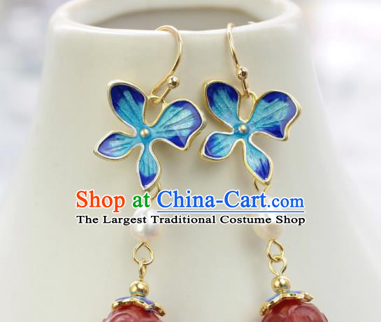 Chinese Handmade Blueing Flower Earrings Classical Jewelry Accessories Hanfu Ming Dynasty Princess Agate Eardrop