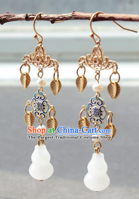 Chinese Handmade Jade Calabash Earrings Classical Jewelry Accessories Hanfu Ming Dynasty Princess Golden Leaf Tassel Eardrop