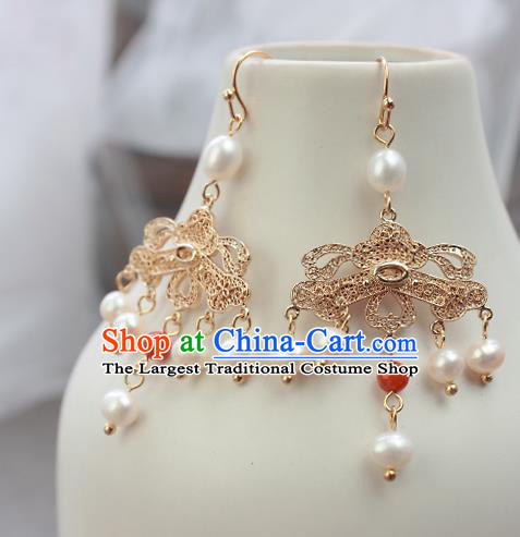Chinese Handmade Golden Earrings Classical Jewelry Accessories Hanfu Ming Dynasty Princess Pearls Tassel Eardrop