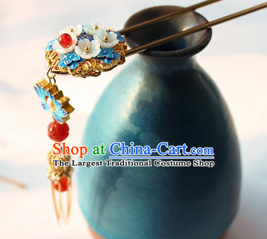 Chinese Classical Blueing Lotus Hair Stick Handmade Hanfu Hair Accessories Ancient Ming Dynasty Empress Golden Tassel Agate Hairpins