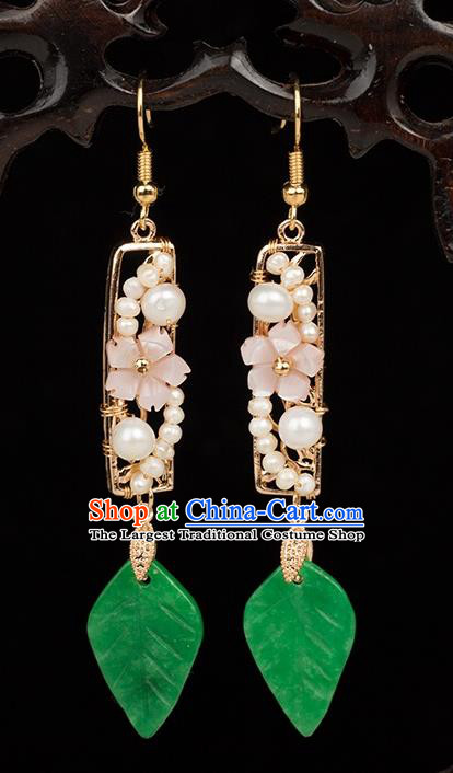 Chinese Handmade Green Jade Leaf Earrings Classical Jewelry Accessories Hanfu Ming Dynasty Princess Pearls Eardrop
