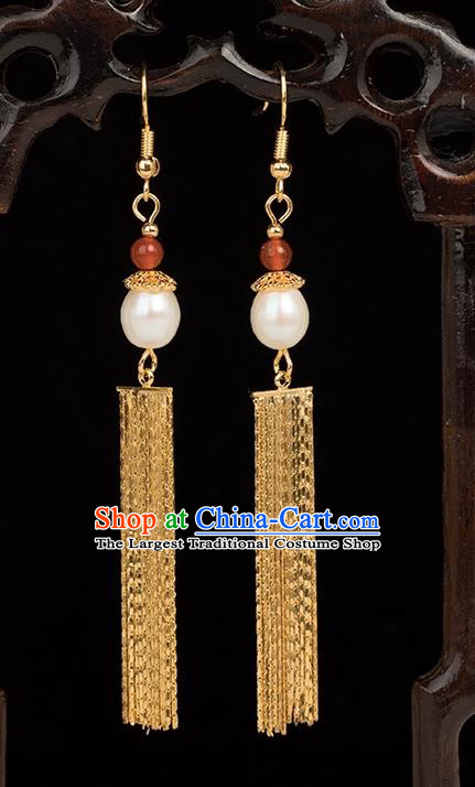 Chinese Handmade Earrings Classical Jewelry Accessories Hanfu Ming Dynasty Princess Golden Long Tassel Eardrop